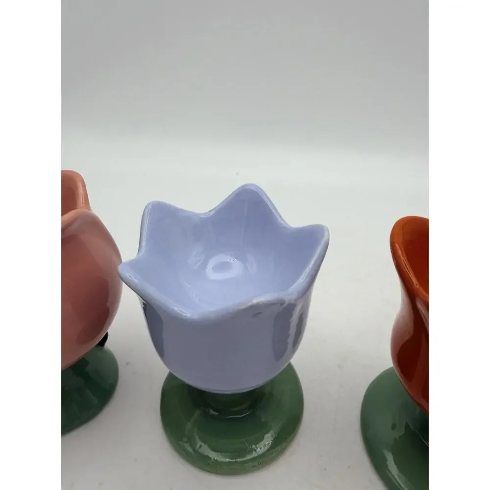 Set of 3 Ceramic Tulip Flower Egg Cups, Multicolor Glossy Pedestal Holders